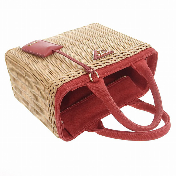 Prada Wicker Straw Canvas Leather Handbag Beige Red - Picture 5 of 7